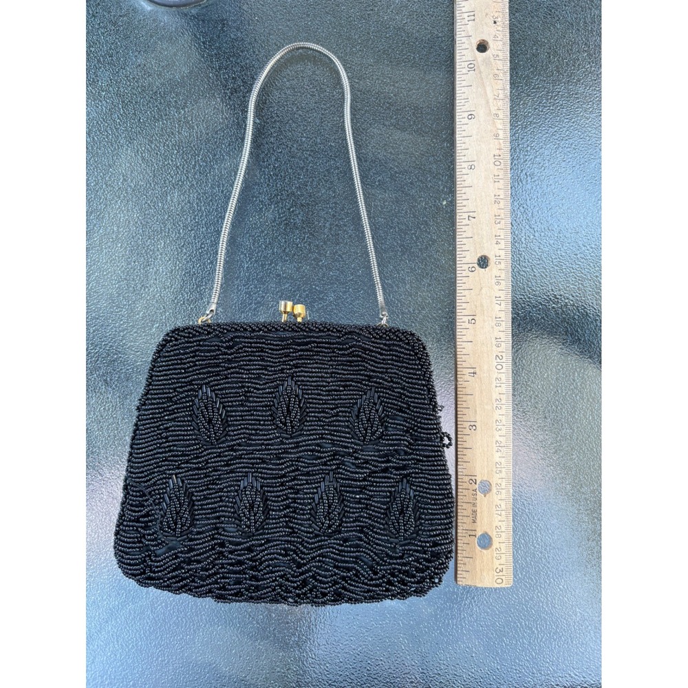 Vintage Winkelman's Black Beaded Evening Bag Kiss Lock Clutch Hong Kong Made - Picture 3 of 8